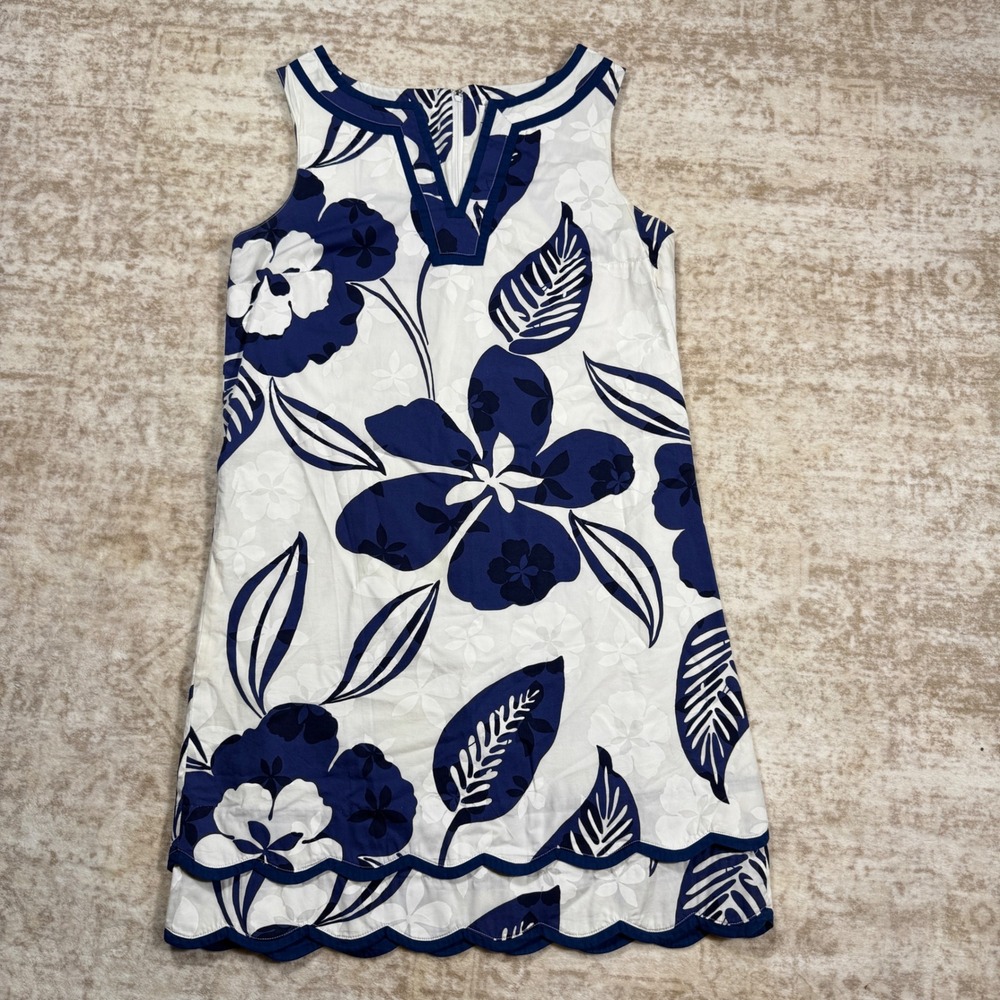 Lilly Pulitzer Shift Dress Womens 8 Blue White Floral Scalloped Hem Excellent